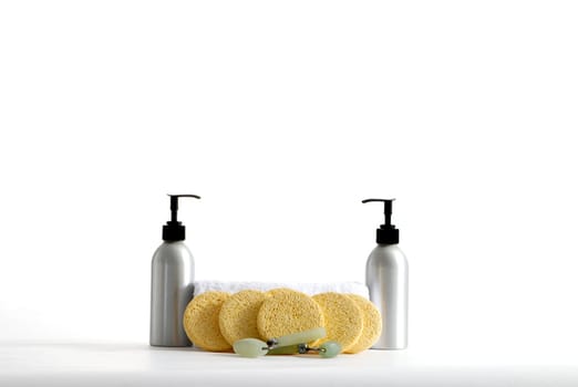 Various professional spa products arranged on a white background