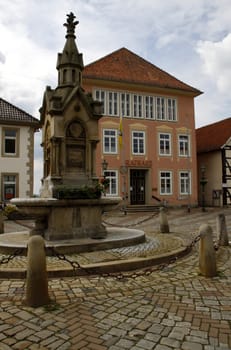 Fountain and town hall in Obernkirchen