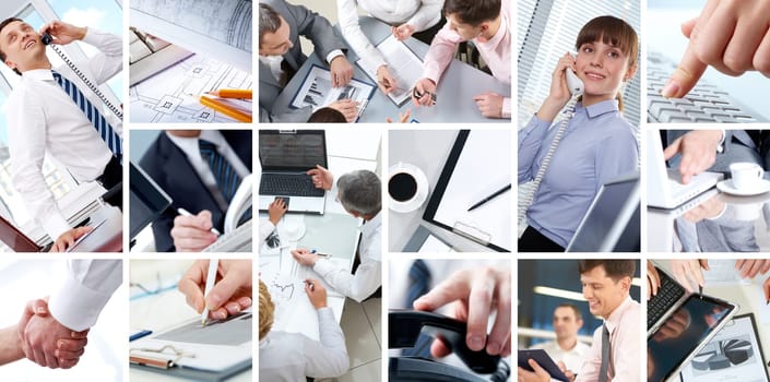 Collage of Four businesswomen sitting at table examining some documents