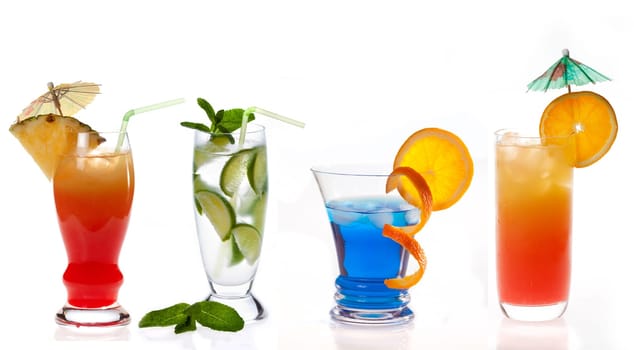 Different cocktails on white background