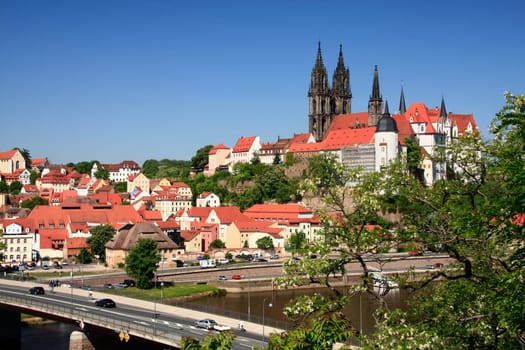 View over the Elbe to Meissen,with the castle hill and the towers of the cathedral