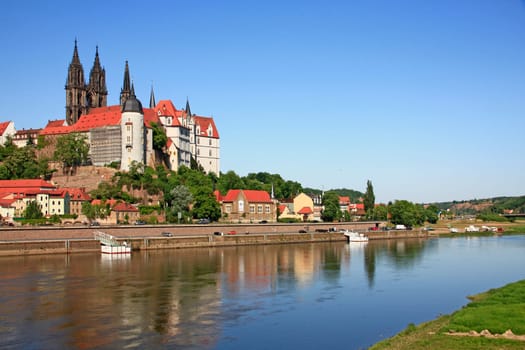 View over the Elbe to Meissen,with the castle hill and the towers of the cathedral
