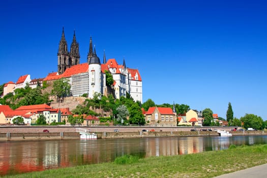 View over the Elbe to Meissen,with the castle hill and the towers of the cathedral