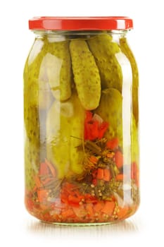 Jar of pickled cucumbers. Marinated food.