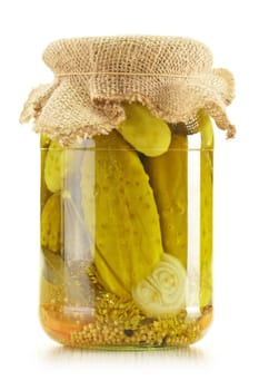 Jar of pickled cucumbers. Marinated food.