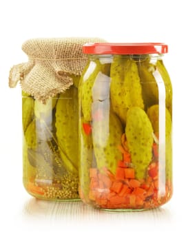 Jar of pickled cucumbers. Marinated food.