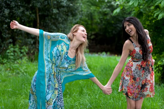 Two friends messing around in a field in summer time