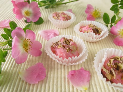 Handmade soap chocolates with wild rose flowers