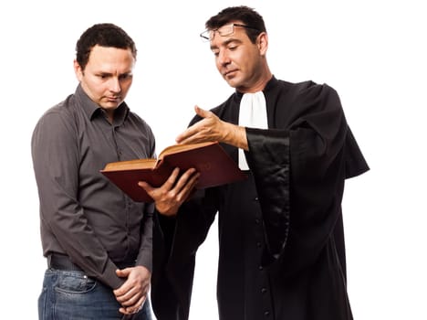 one caucasian lawyer man and his client in studio isolated on white background