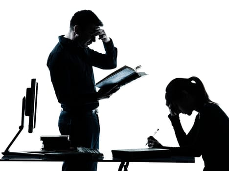 one man father professor and student teenager girl helping for homework in silhouette indoors isolated on white background