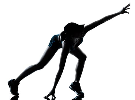 one caucasian woman runner jogger muscle strain cramp physical injury at legs in silhouette studio isolated on white background