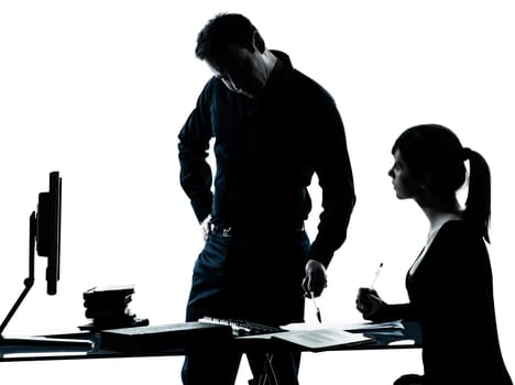 one man father professor and student teenager girl helping for homework in silhouette indoors isolated on white background