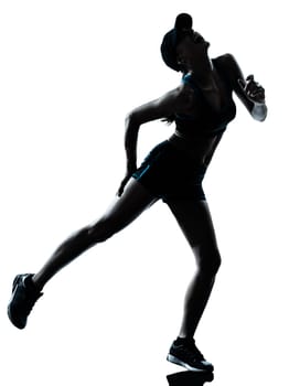 one caucasian woman runner jogger muscle strain cramp physical injury at legs in silhouette studio isolated on white background