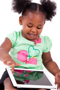 Little african american girl using a tablet  pc, isolated on white background
