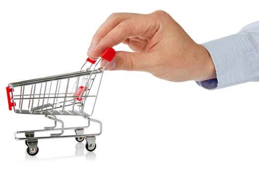 hand with shopping cart over a white background