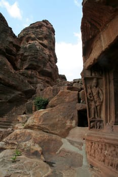 Rocky stairway to Cave Temples at Badami, Karnataka, India, Asia