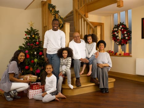 Mixed race family with Christmas tree and gifts