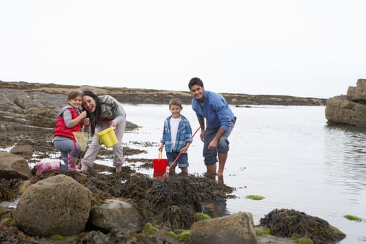 Young family at beach collecting shells