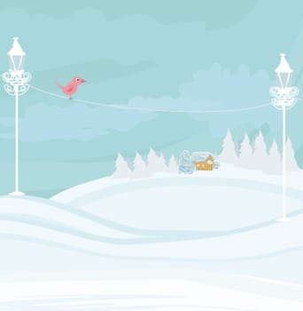 Christmas night in the village card on winter landscape