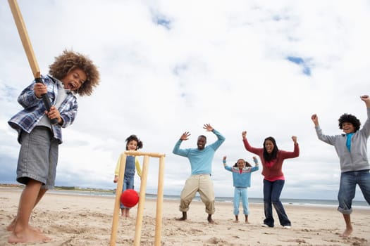 Family playing cricket on beach