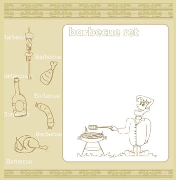 Cartoon Male dressed in grilling attire cooking meat - Invitation