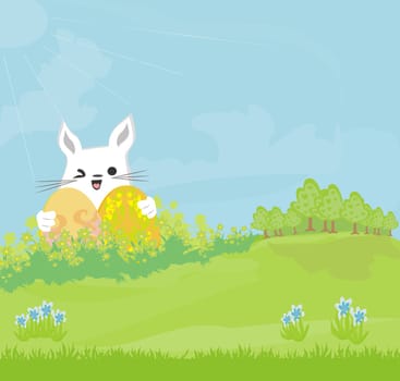 Illustration of happy Easter bunny carrying egg
