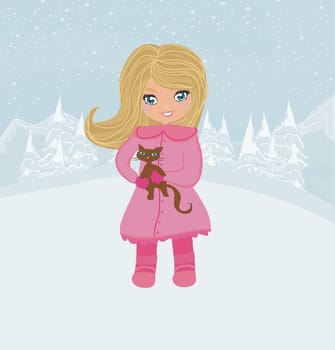 winter girl and her cat