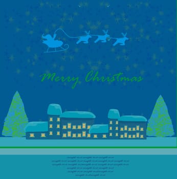 Happy New year card with Santa and winter landscape