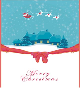 Happy New year card with Santa and winter landscape