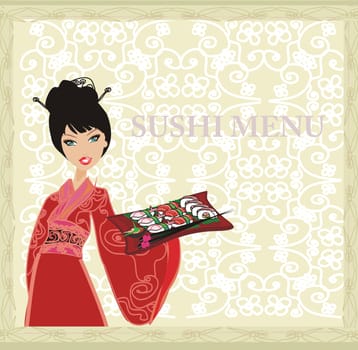 beautiful Asian girl enjoy sushi - menu template