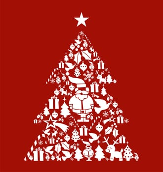 Christmas icon set in pine tree shape postcard background. Vector file available.
