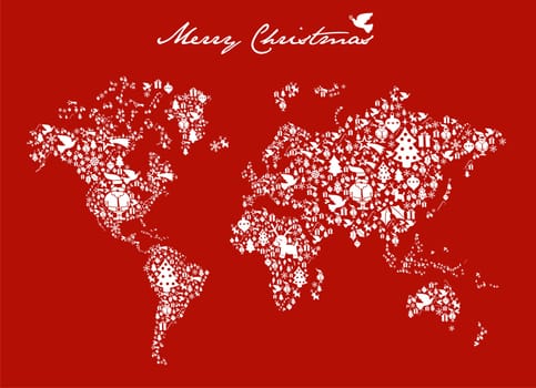 Merry Xmas with icon set in globe world map background. Vector file available.