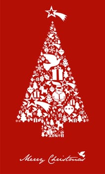 Christmas icon set in tree shape postcard background. Vector file available.