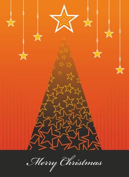 Christmas tree season orange palette illustration with snow and stars background. Vector file available.