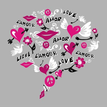 Social media speech bubble made with icons of love over grey background. Vector illustration background.