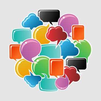 Social speech bubbles in different colors and forms in circle shape illustration. Vector file available.