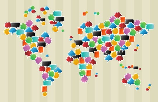 Social speech bubbles in different colors and forms in globe world map illustration. Vector file available.