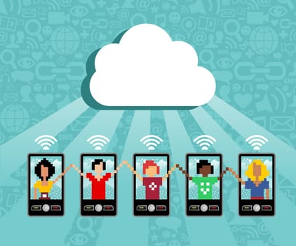 Cloud computing social team under cloud with cell phone connection on blue background.  Vector file available.