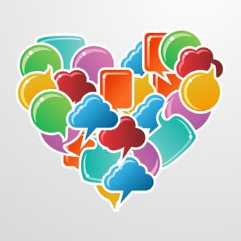 Social speech bubbles in different colors and forms in heart shape illustration. Vector file available.