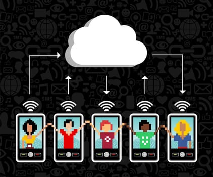 Cloud computing social team under cloud with cell phone connection on black background.  Vector file available.