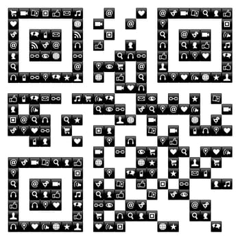QR code sign made with the social media icons set in black and white. Vector file available.