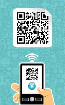 Hand with mobile phone scans the QR code on blue background.