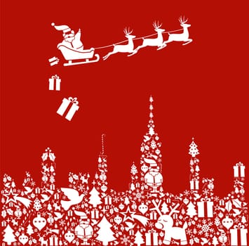 Christmas icon set in city shape and Santa delivers gifts from his sledge. Vector file illustration available.