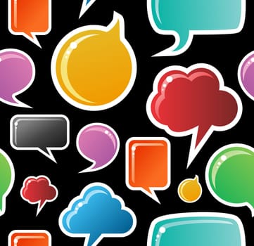 Social speech bubbles in different colors and forms seamless pattern illustration. Black background vector file available.