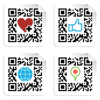 QR code technology concept with social media icons in labels. Vector file available.