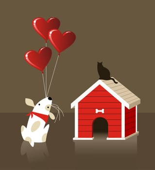 The dog gives to the cat a lot of balloons with red lovely heart shape. Vector file available.