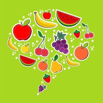 Love eat fruits bubble composition in block colors. Useful vector illustration background for food industry ads design