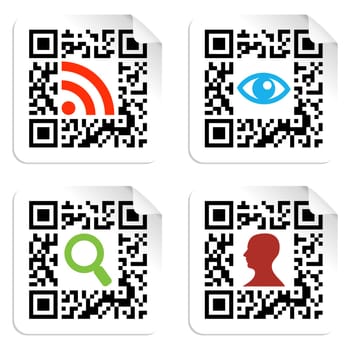 Social icons in labels set with QR codes sign. Vector file available.