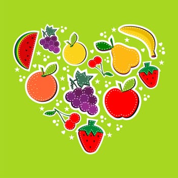 Fruits in heart shape composition illustration. Useful vector illustration background for food industry and ads design.