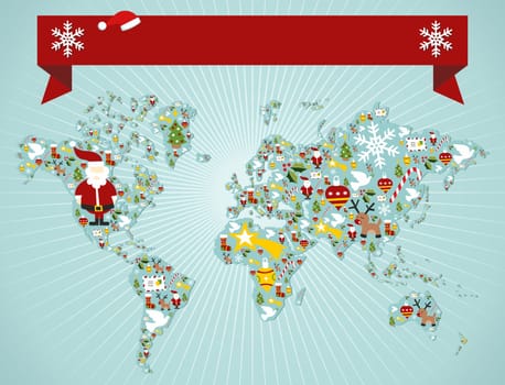 Christmas icon set in globe world map background with blank space banner. Vector file available.